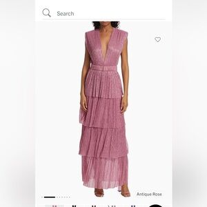 NWT Sabina Musayev Skylar Tiered Belted Metallic Gown in Antique Rose
